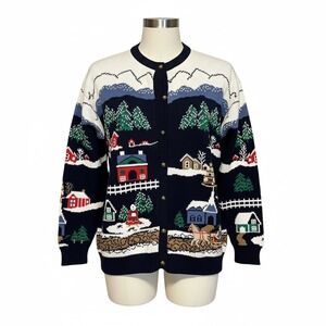 Sweater‎ Loft  2X Vintage Ugly Christmas Cardigan Winter Village Sleigh Knit